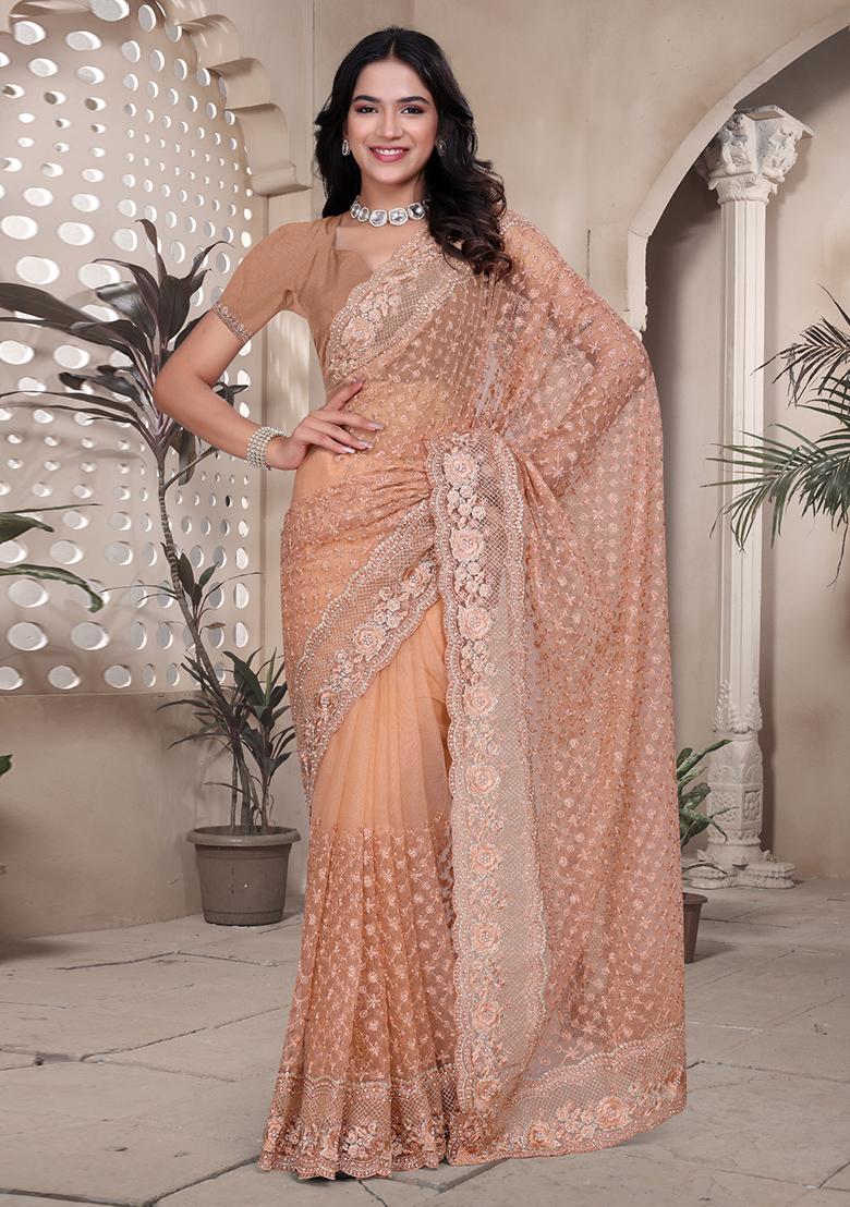 Peach Embroidered Net Saree Set - Indya