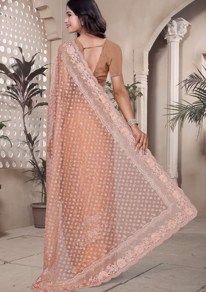 Peach Embroidered Net Saree Set for Diwali and Festive Wear - Indya