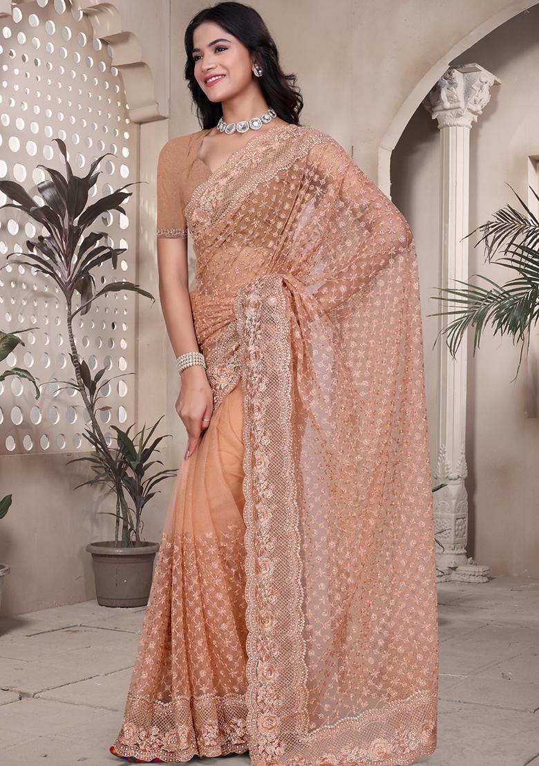 Peach Embroidered Net Saree Set - Indya