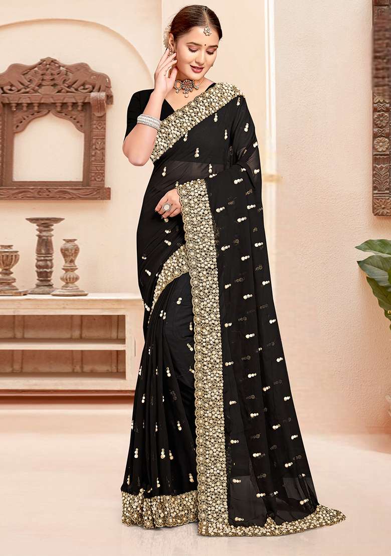 Black Georgette Saree Set with Embroidered for Diwali | Wedding & Festive Wear - Indya