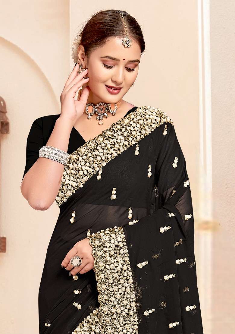 Black Georgette Saree Set with Embroidered for Diwali | Wedding & Festive Wear - Indya