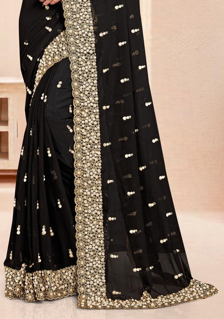 Black Embroidered Georgette Saree Set - Indya