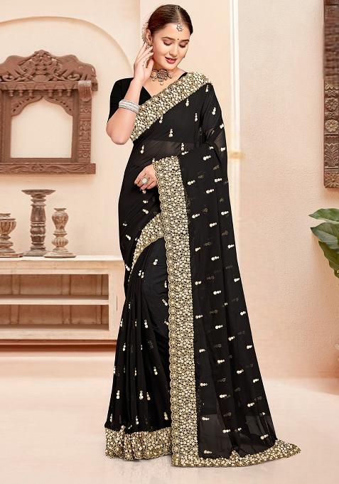 Black Embroidered Georgette Saree Set