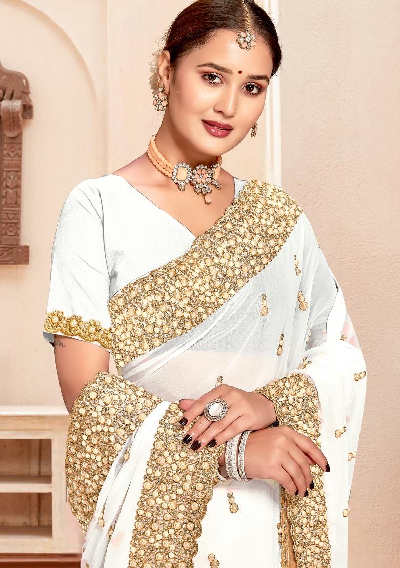 White Embroidered Georgette Saree Set - Indya