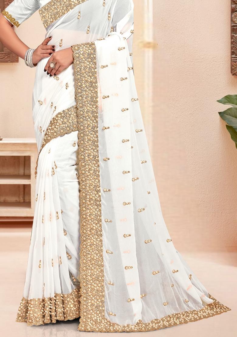 White Embroidered Georgette Saree Set - Indya