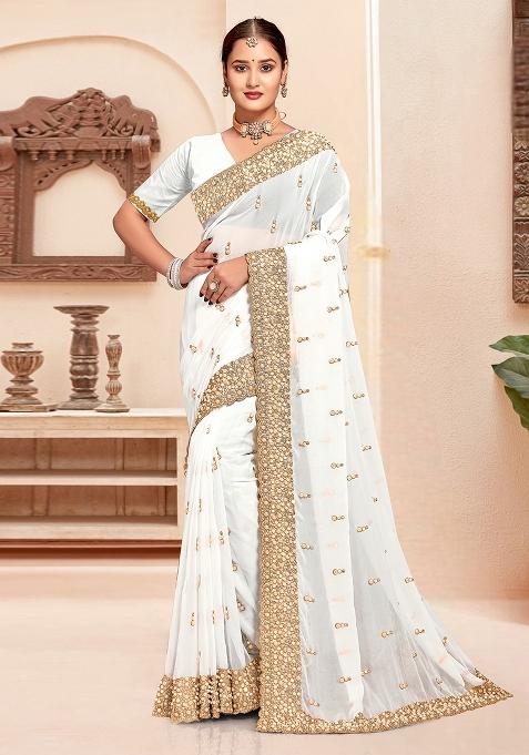 White Embroidered Georgette Saree Set
