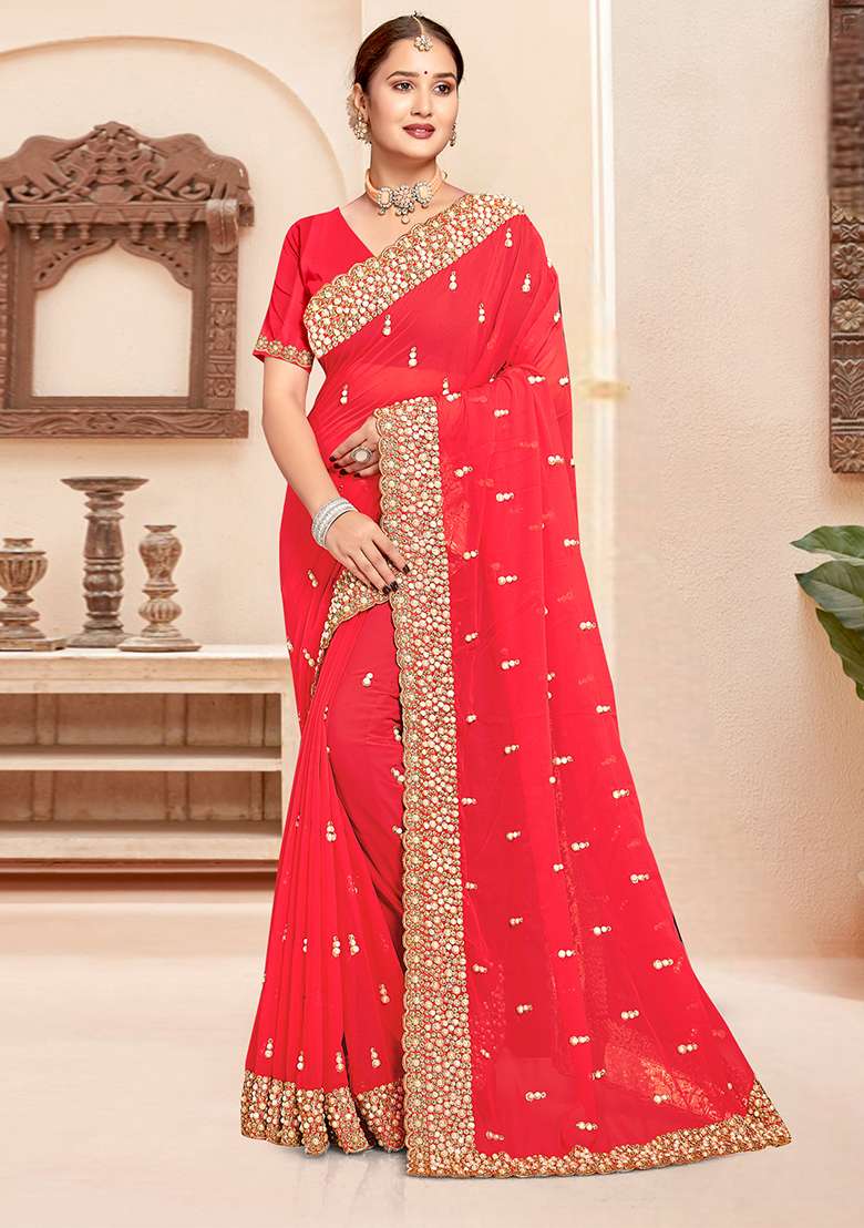 Pink Embroidered Georgette Saree Set for Diwali and Festive Wear - Indya