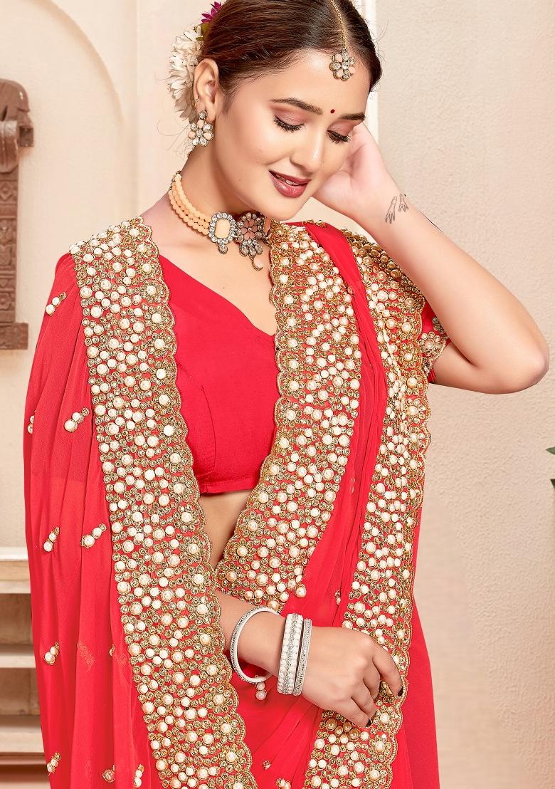 Pink Embroidered Georgette Saree Set - Indya