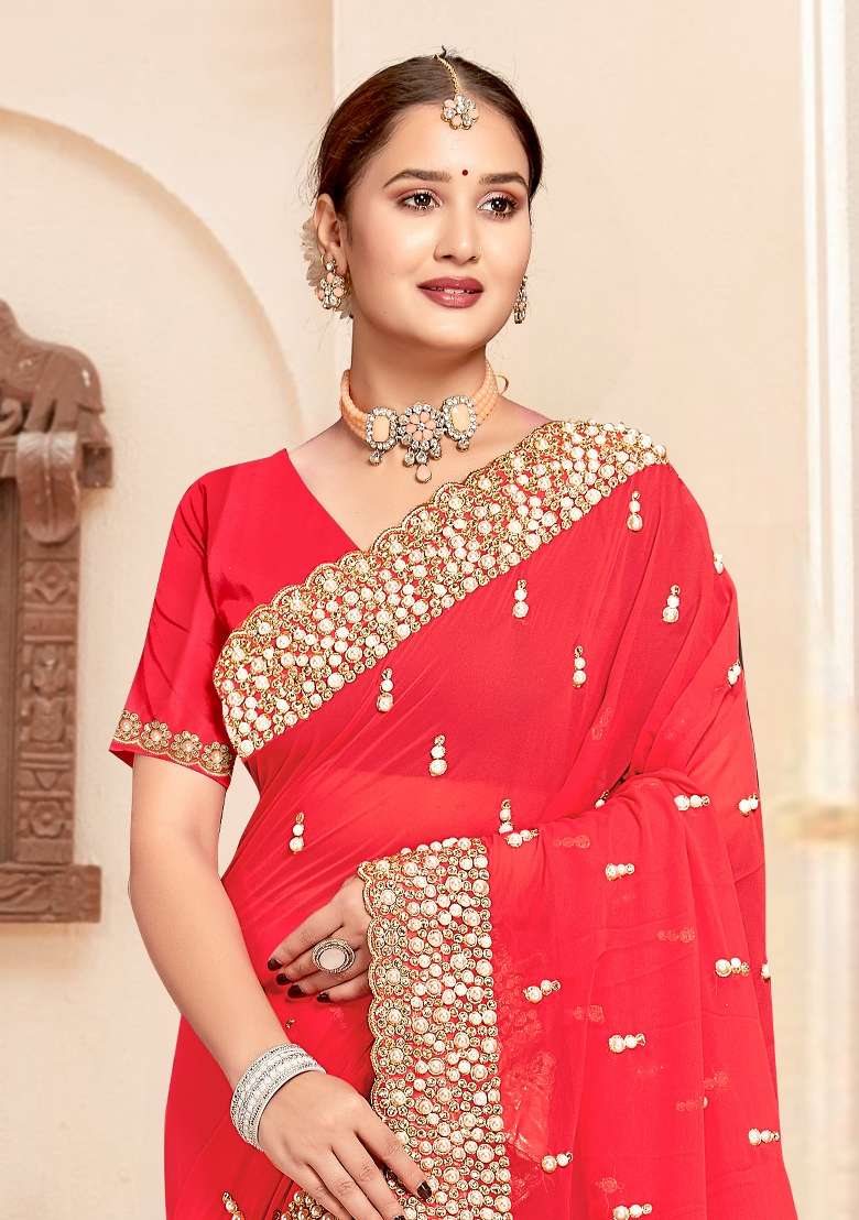 Pink Embroidered Georgette Saree Set for Diwali and Festive Wear - Indya