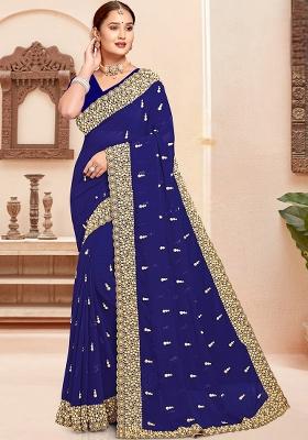 Navy Blue Embroidered Georgette Saree Set
