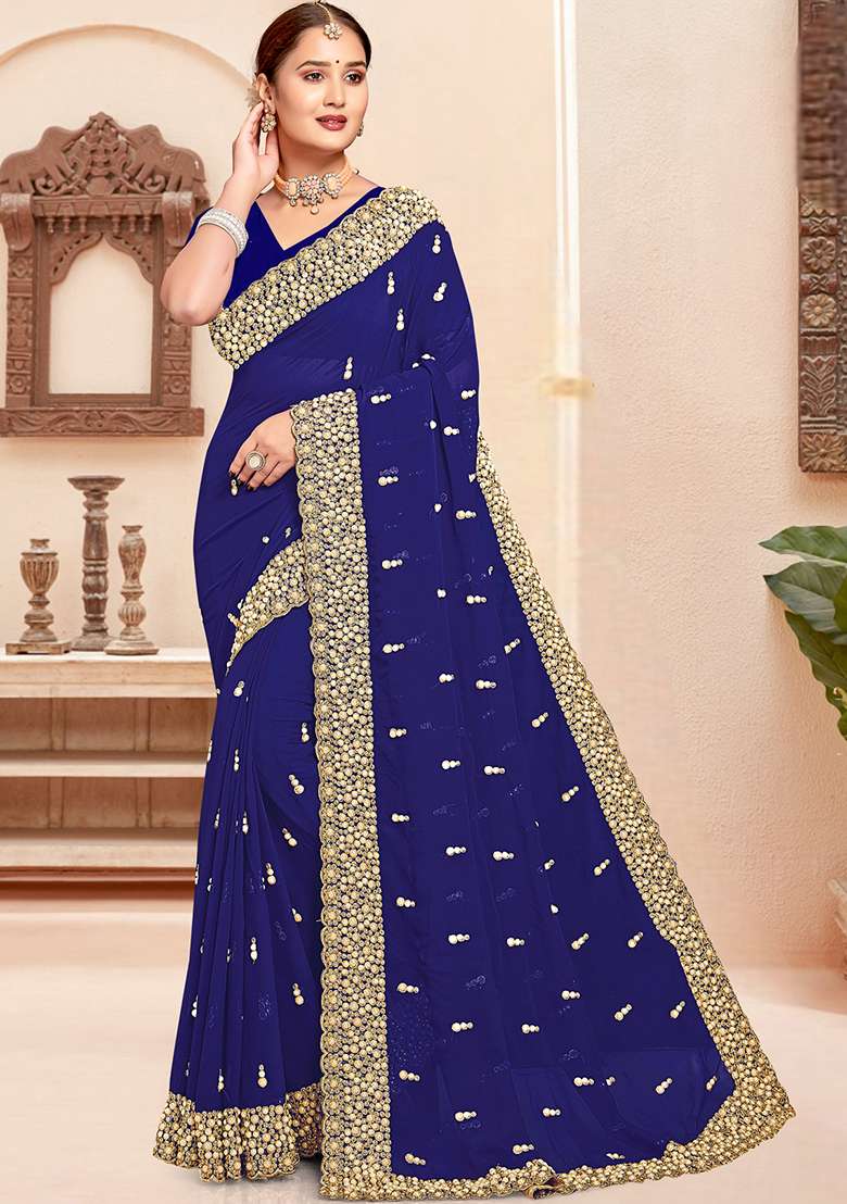 Navy Blue Georgette Saree Set with Embroidered for Diwali | Wedding & Festive Wear - Indya