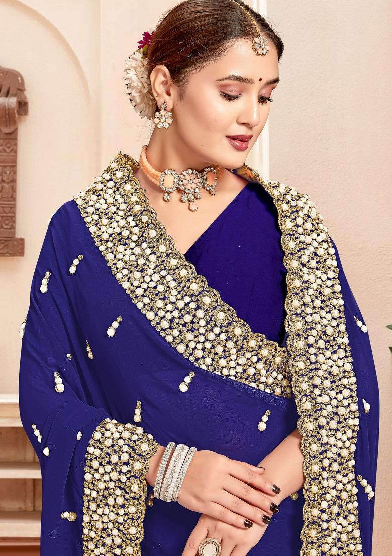 Navy Blue Embroidered Georgette Saree Set - Indya