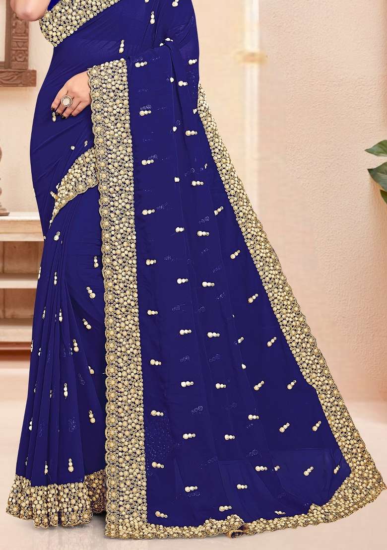 Navy Blue Georgette Saree Set with Embroidered for Diwali | Wedding & Festive Wear - Indya