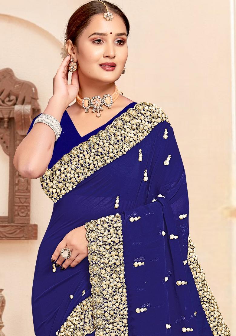 Navy Blue Embroidered Georgette Saree Set - Indya