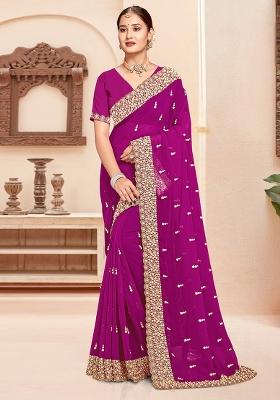 Wine Embroidered Georgette Saree Set