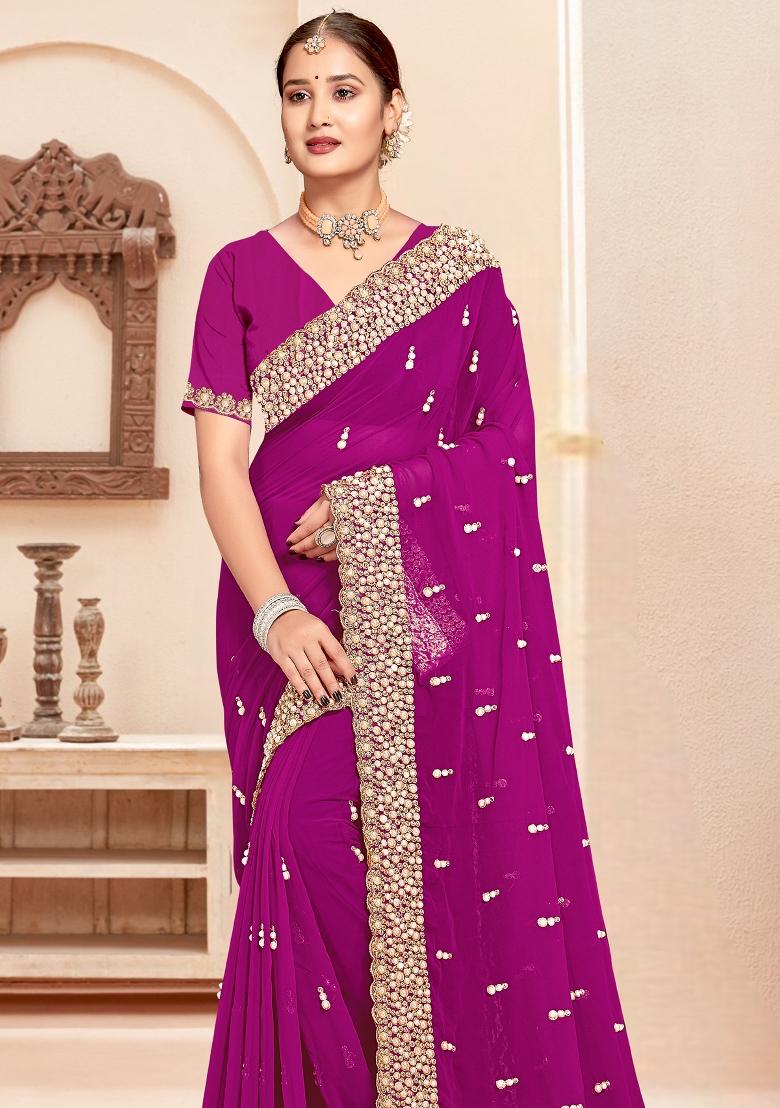 Wine Embroidered Georgette Saree Set - Indya