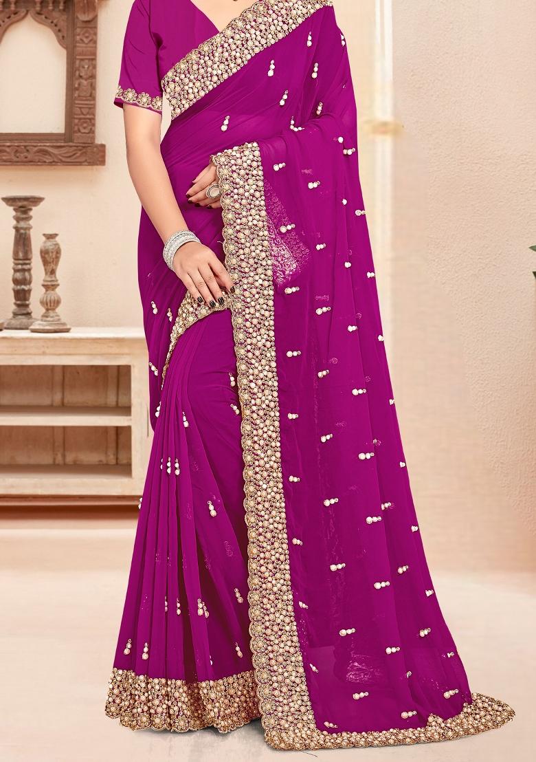 Wine Embroidered Georgette Saree Set - Indya