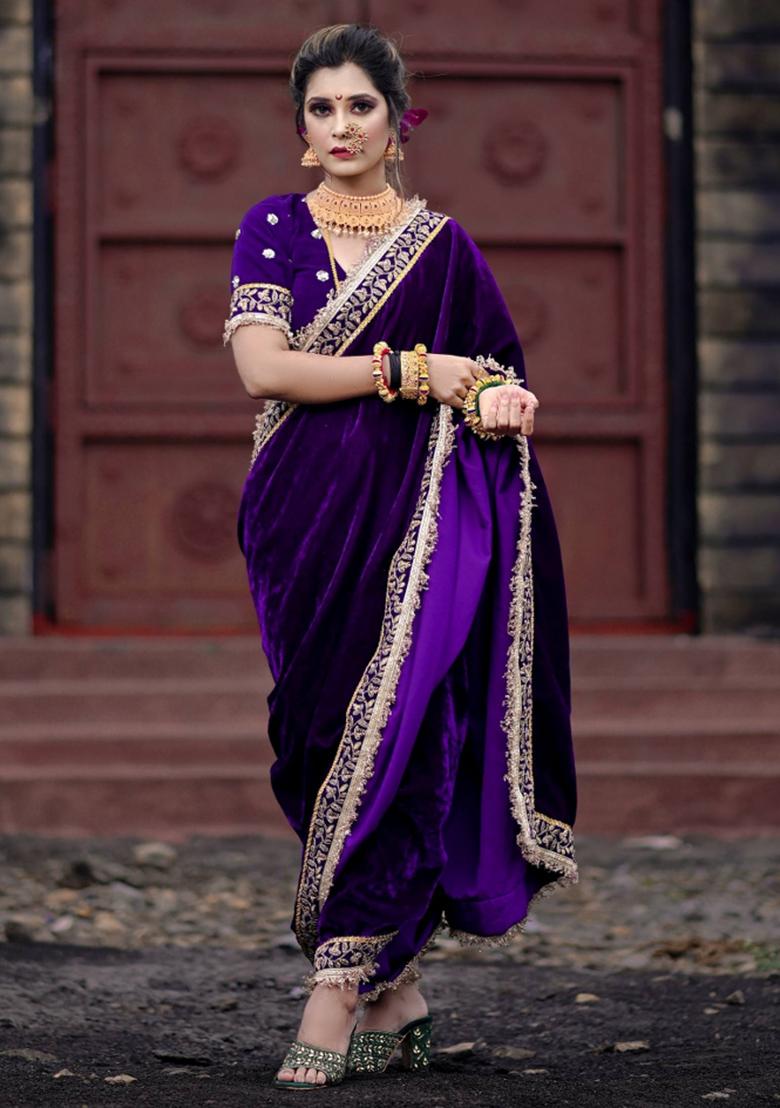 Purple Embroidered Velvet Saree Set - Indya