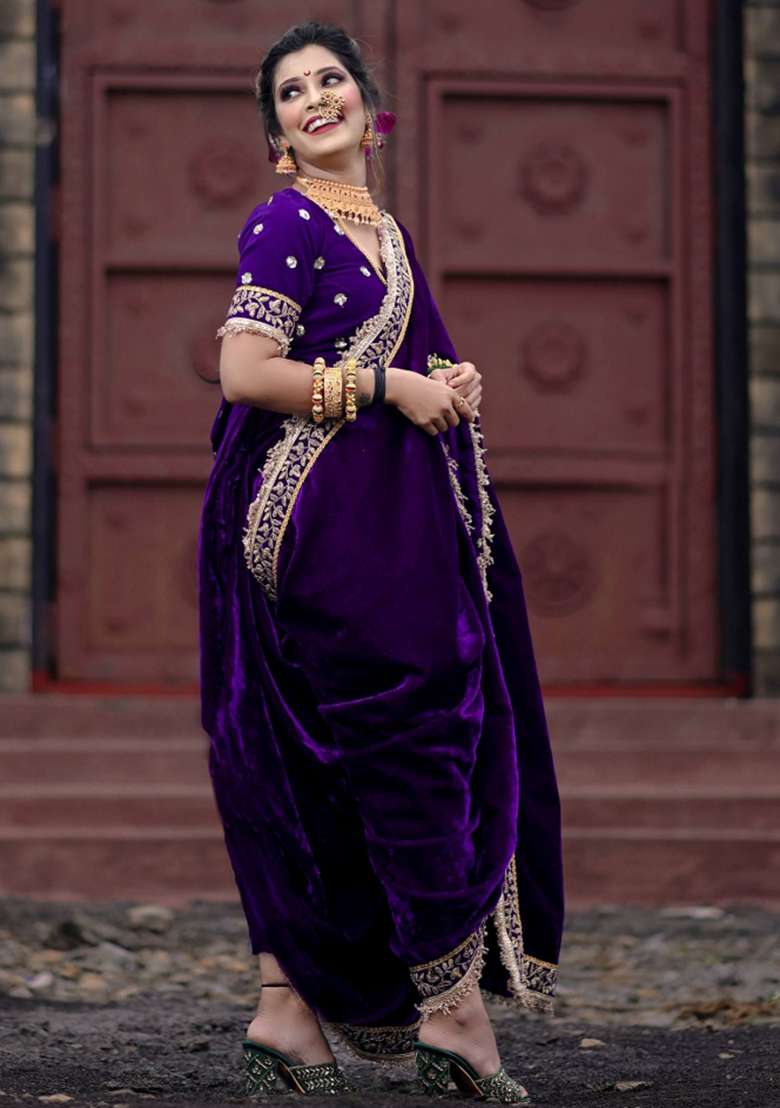 Purple Velvet Saree Set with Embroidered for Diwali | Wedding & Festive Wear - Indya