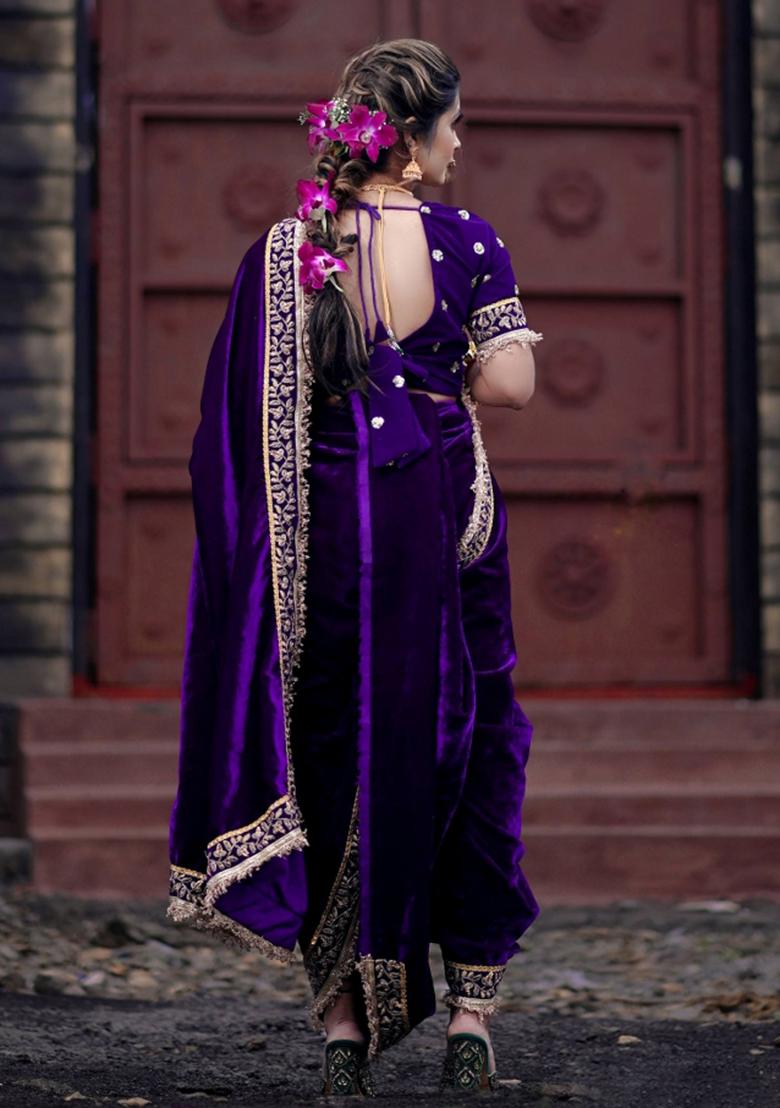 Purple Embroidered Velvet Saree Set - Indya
