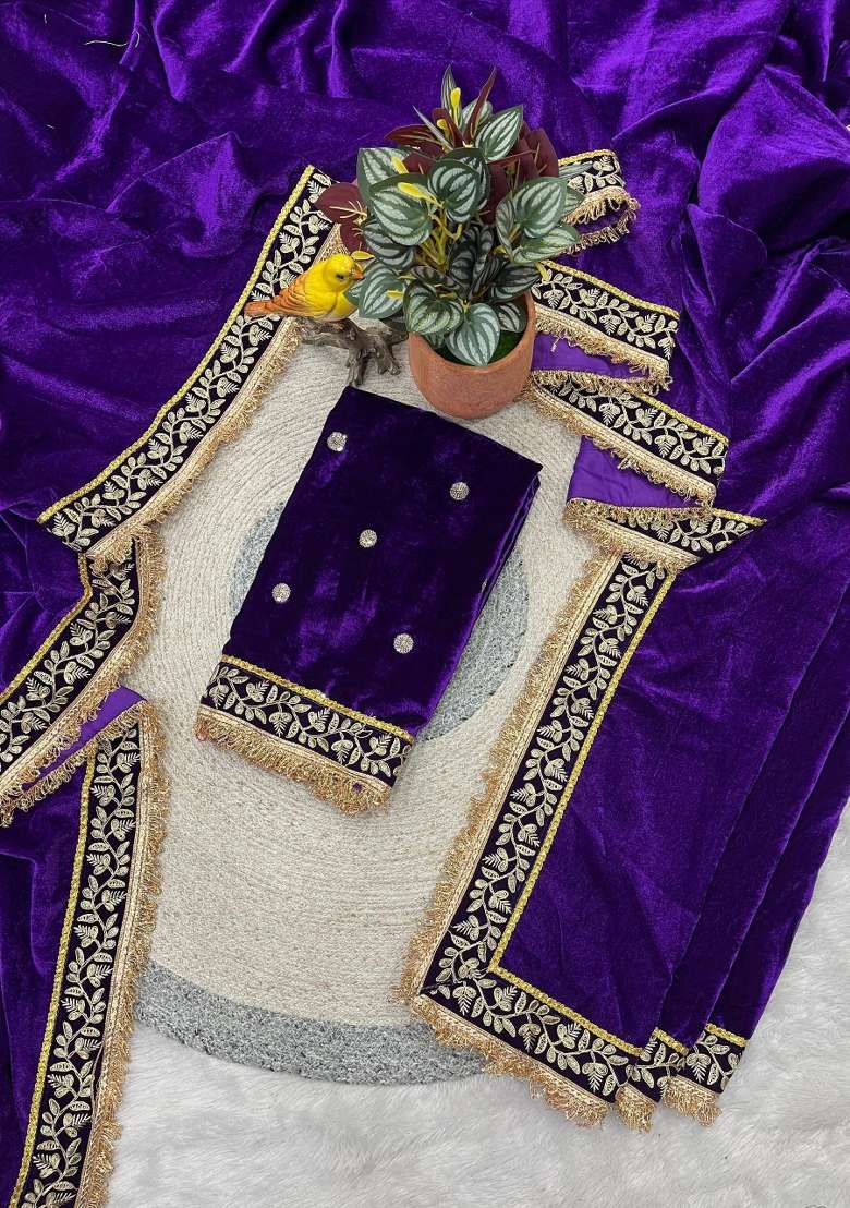 Purple Velvet Saree Set with Embroidered for Diwali | Wedding & Festive Wear - Indya