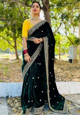 Green Embroidered Silk Saree Set
