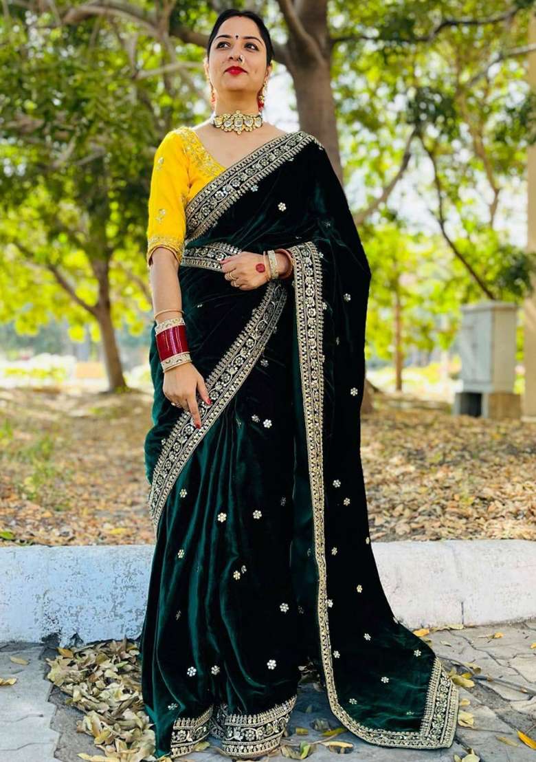 Green Silk Blend Saree Set with Embroidered for Diwali | Wedding & Festive Wear - Indya