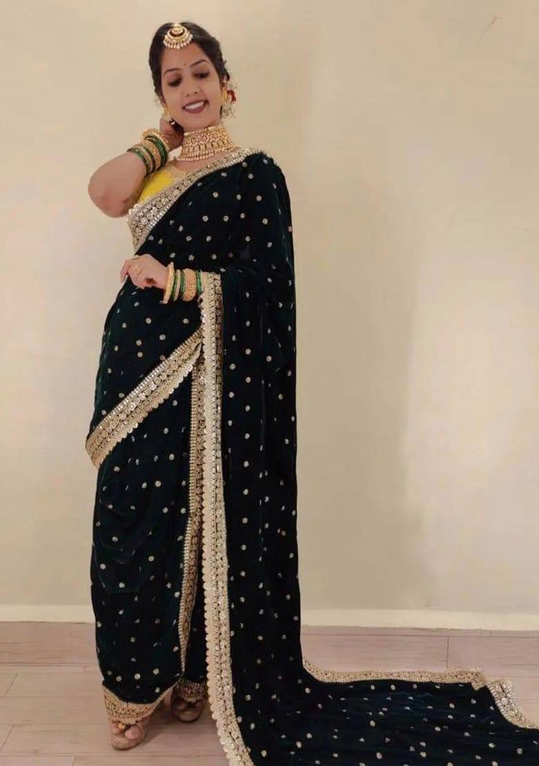 Green Embroidered Silk Saree Set - Indya