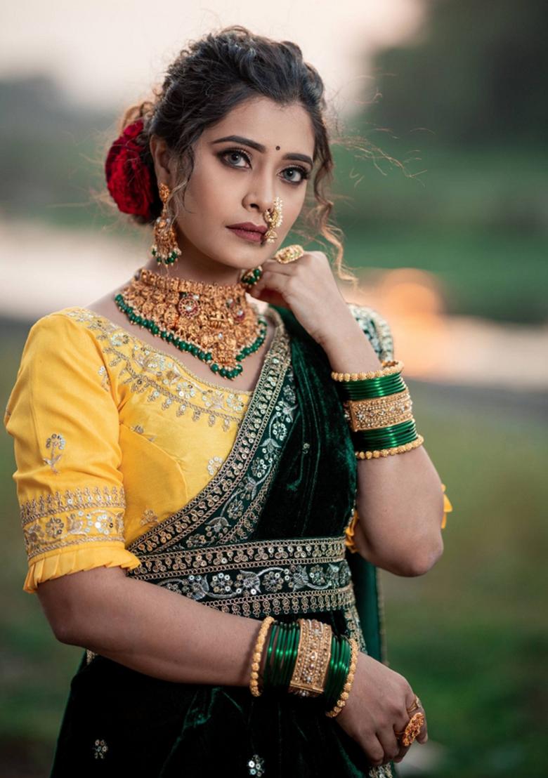 Green Embroidered Silk Saree Set - Indya