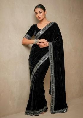 Black Embroidered Velvet Saree Set