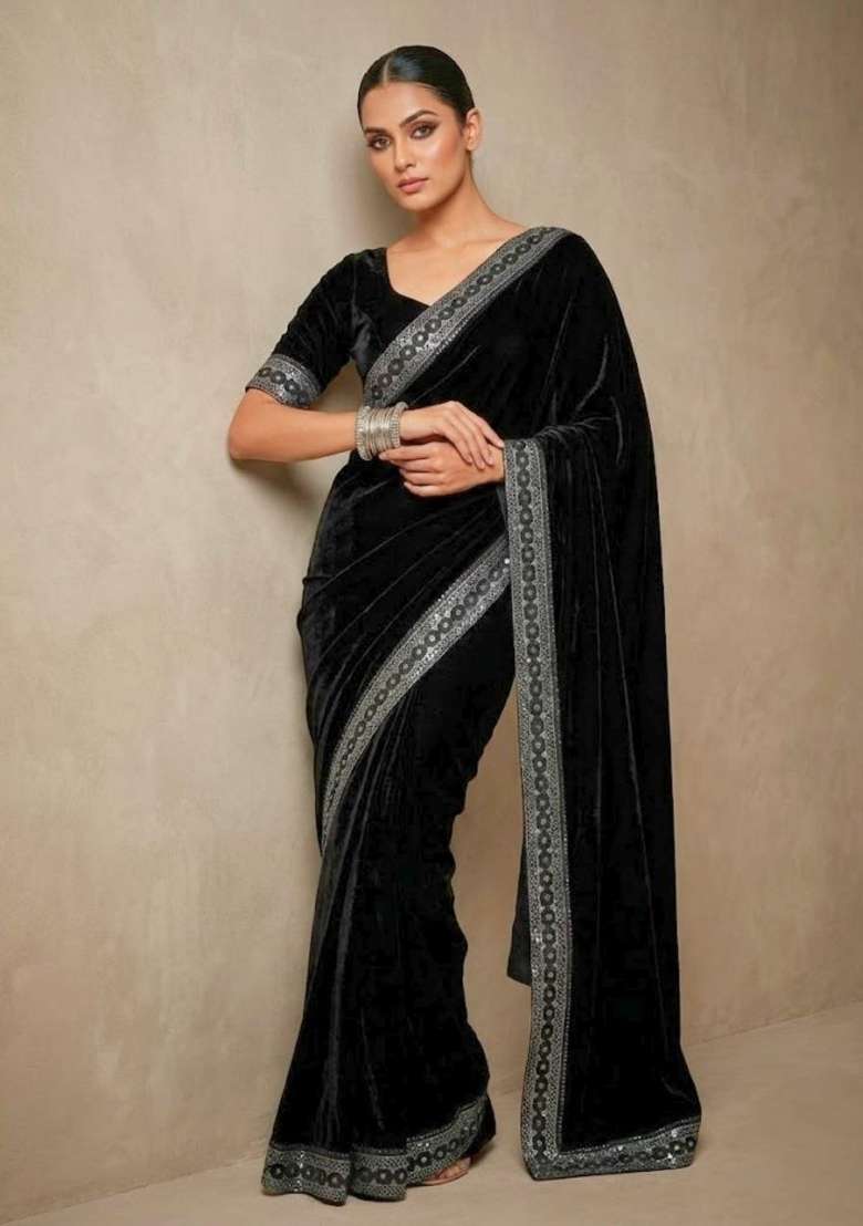 Black Velvet Saree Set with Embroidered for Diwali | Wedding & Festive Wear - Indya