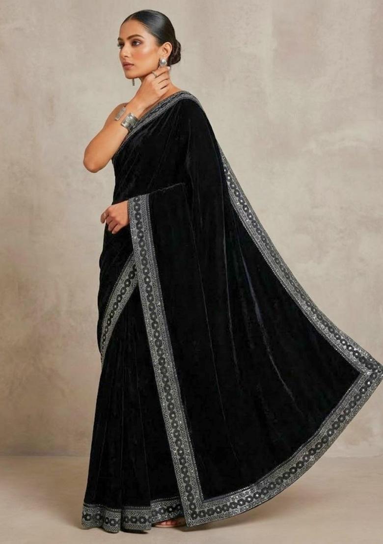 Black Embroidered Velvet Saree Set - Indya