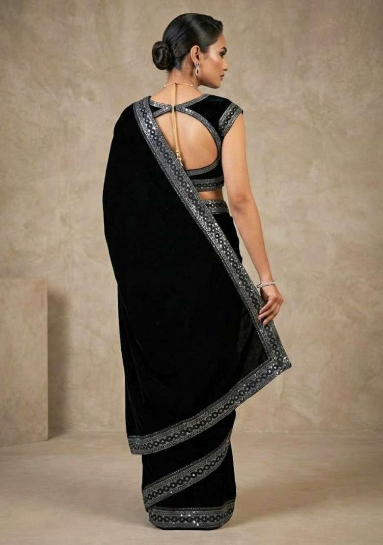Black Velvet Saree Set with Embroidered for Diwali | Wedding & Festive Wear - Indya