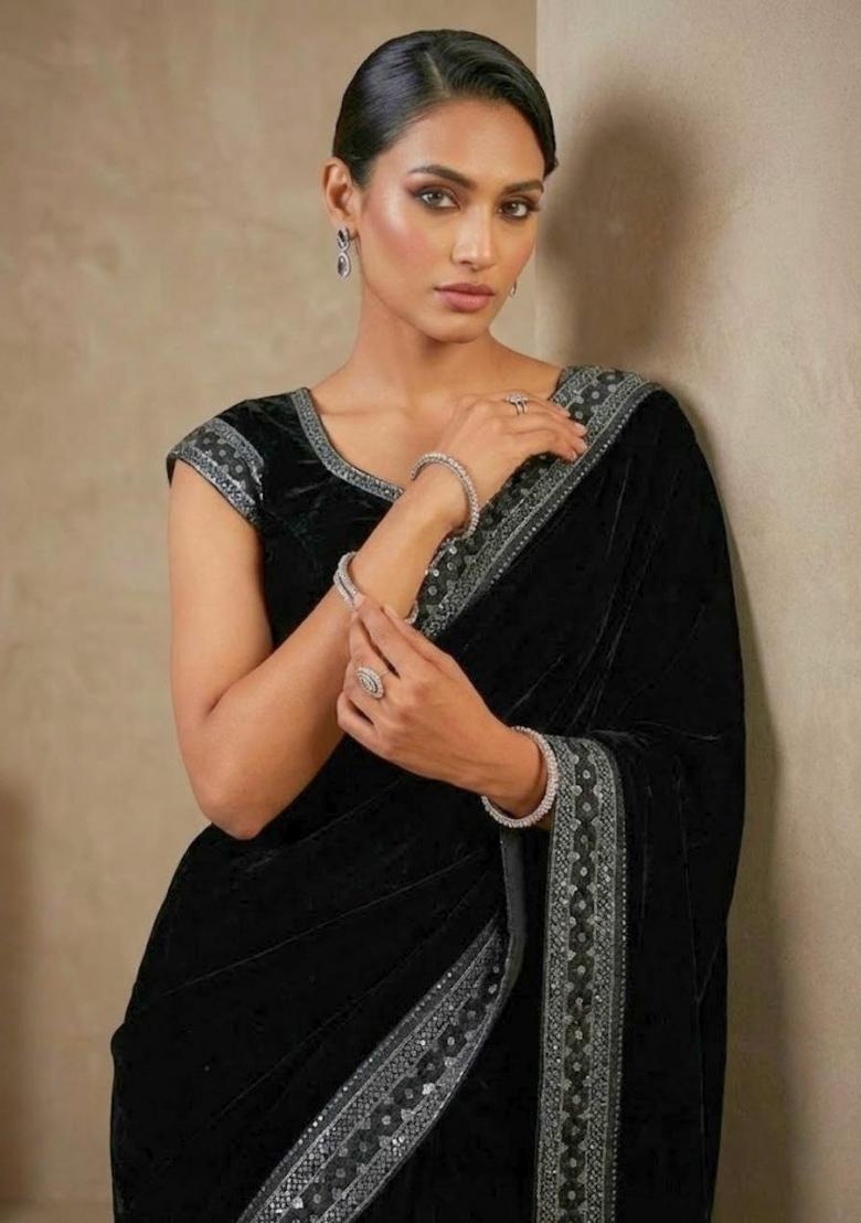 Black Embroidered Velvet Saree Set - Indya
