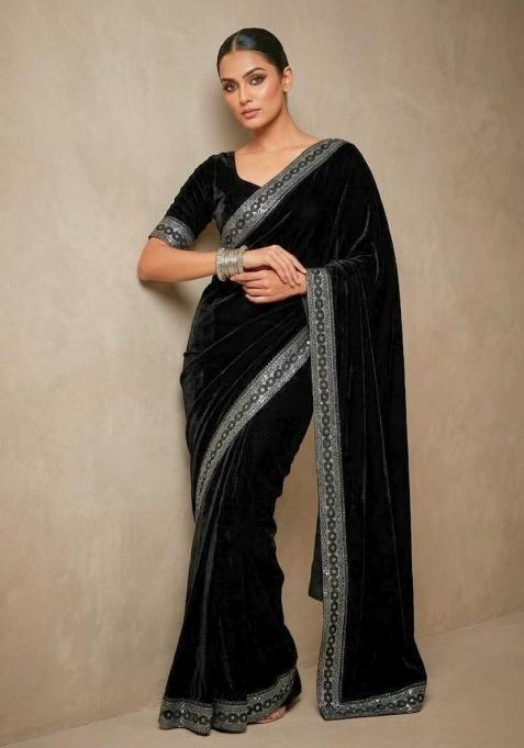 Black Embroidered Velvet Saree Set