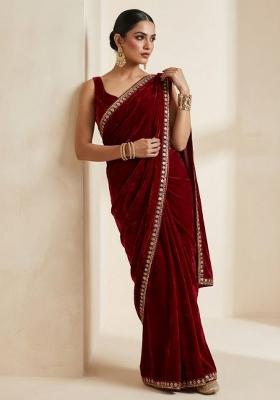 Maroon Embroidered Velvet Saree Set