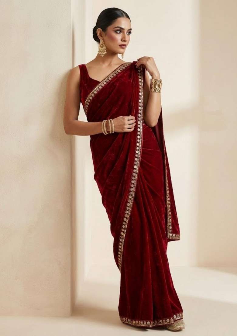 Maroon Velvet Saree Set with Embroidered for Diwali | Wedding & Festive Wear - Indya