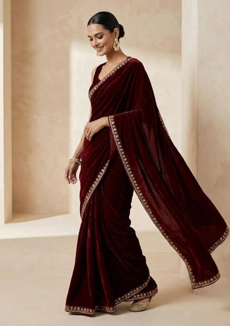Maroon Embroidered Velvet Saree Set - Indya