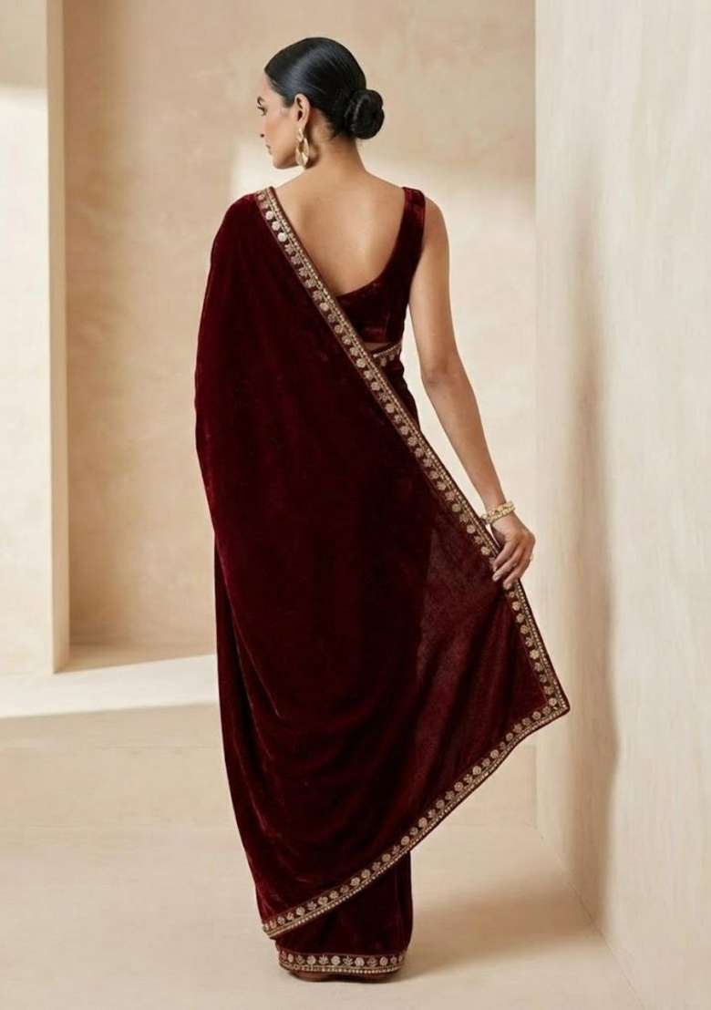 Maroon Velvet Saree Set with Embroidered for Diwali | Wedding & Festive Wear - Indya