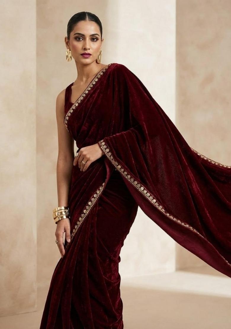 Maroon Embroidered Velvet Saree Set - Indya
