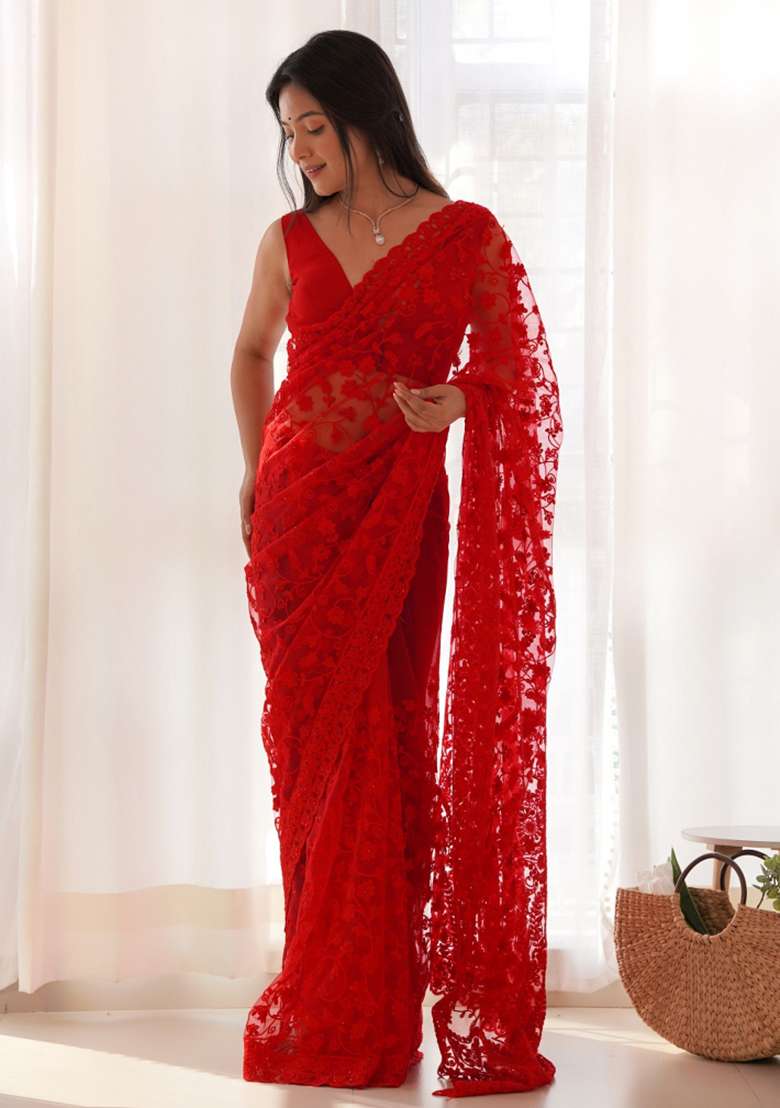 Red Embroidered Net Saree Set for Diwali and Festive Wear - Indya