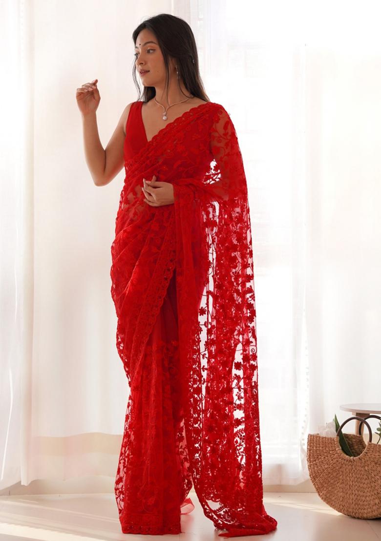 Red Embroidered Net Saree Set - Indya