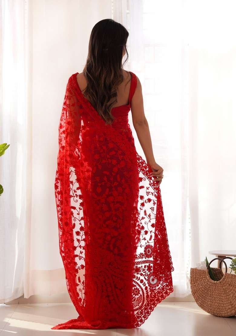 Red Embroidered Net Saree Set for Diwali and Festive Wear - Indya