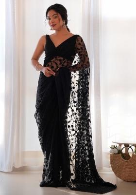 Black Embroidered Net Saree Set