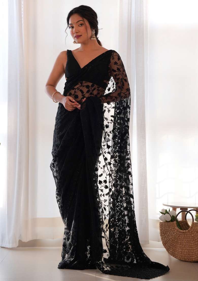 Black Embroidered Net Saree Set for Diwali and Festive Wear - Indya