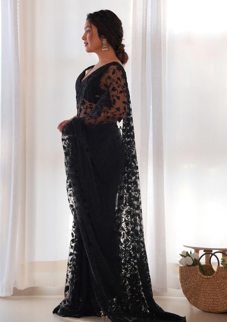 Black Embroidered Net Saree Set - Indya