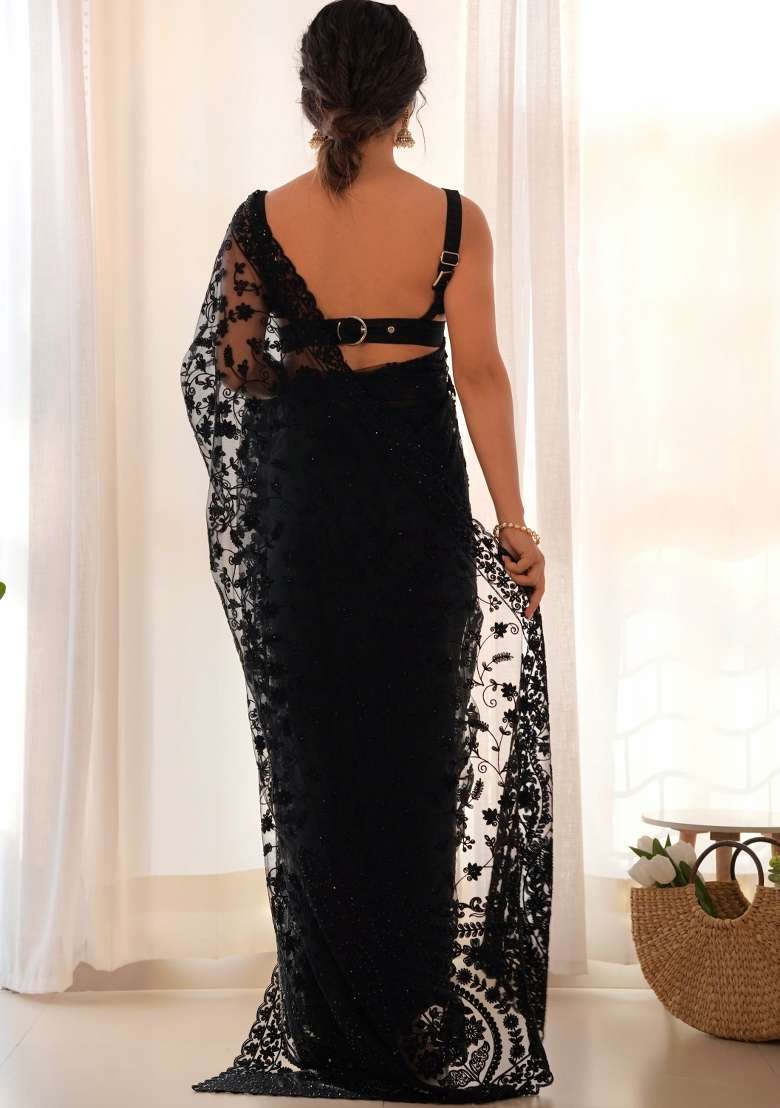 Black Embroidered Net Saree Set for Diwali and Festive Wear - Indya