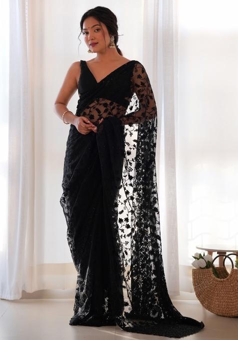 Black Embroidered Net Saree Set