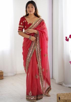 Red Embroidered Silk Saree Set