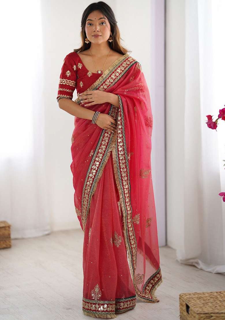 Red Embroidered Silk Blend Saree Set for Diwali and Festive Wear - Indya